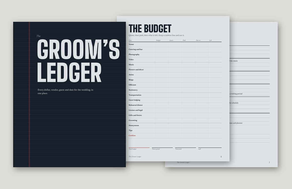 The Groom's Ledger, wedding budget and planner, cover and sample pages