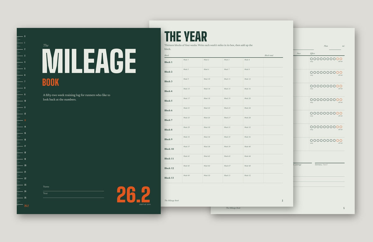 The Mileage Book, a 52-week running log, cover and sample pages