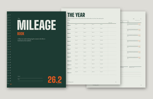 The Mileage Book, a 52-week running log, cover and sample pages
