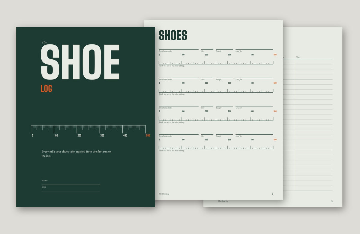 The Shoe Log, running shoe mileage tracker, cover and sample pages